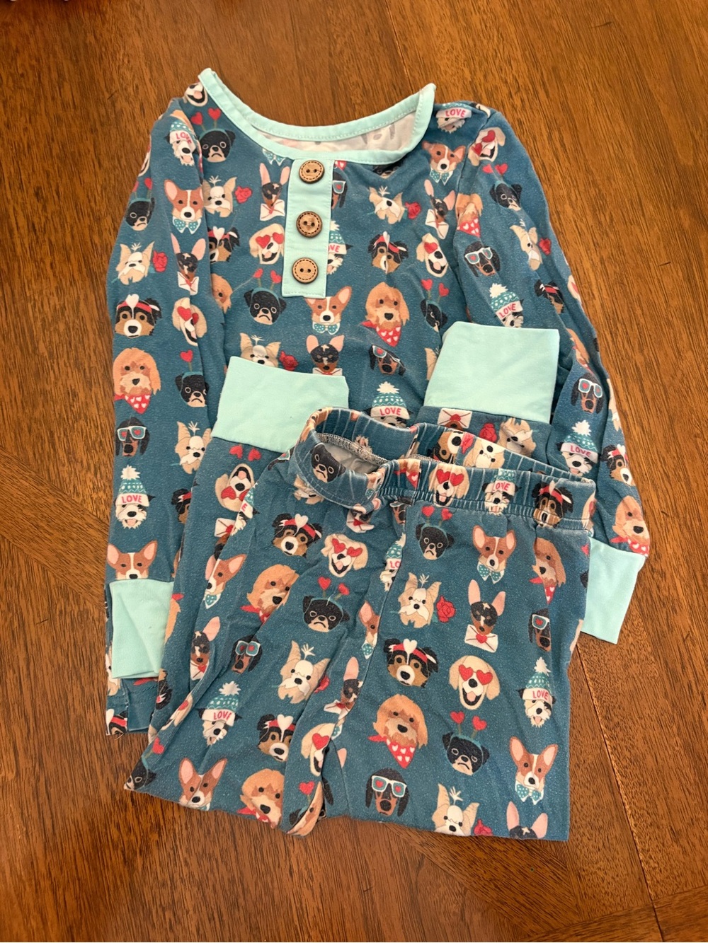 Blue Kids Pajama Set with Dog Faces and Mint Trim